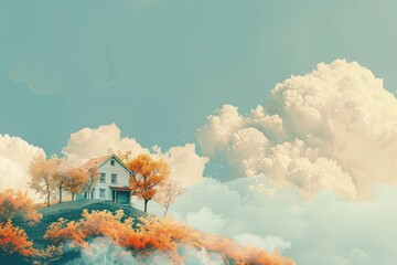 A house with a large roof and a balcony with a tree in the middle ,Beautiful landscape with old house and red poppies field