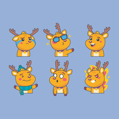 Cute reindeer character emoticon collection set in isolated background