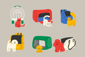 Cute cats and dogs with colorful pet carriers in flat vector style. Adorable illustration for pet care blogs, vet clinics, travel guides, or animal adoption campaigns.