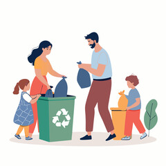 Create a bold vector illustration of a diverse family collaboratively sorting recyclable and non-recyclable waste.  Focus on strong outlines and vibrant colors.