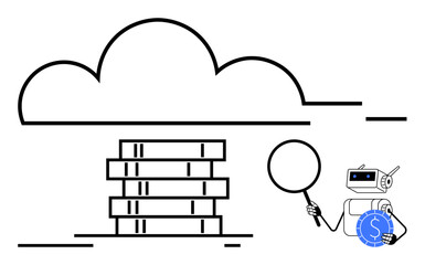 Robot analyzing stacked servers under a cloud using magnifying glass symbolizing AI, cloud storage, data analysis. Ideal for technology, AI, security, cloud computing, data research, innovation