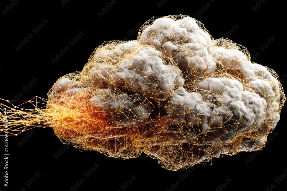 Poster a digital representation of a cloud, showcasing intricate geometric patterns and glowing elements, c