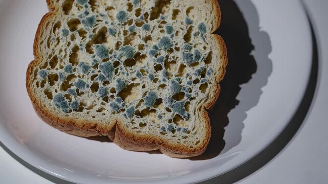 Timelapse of bread developing mold on white plate in natural light