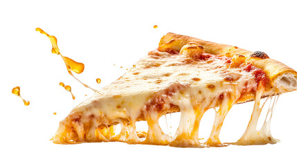 Flying pizza slices on white background with pepperoni, olives, melting cheese, and basil leaves.