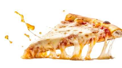 Flying pizza slices on white background with pepperoni, olives, melting cheese, and basil leaves.