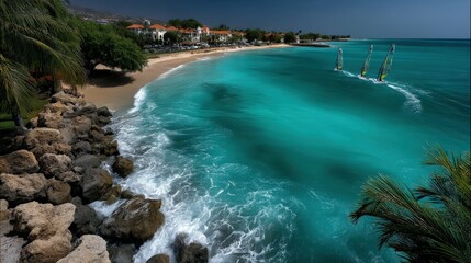 People windsurfing near tropical coast