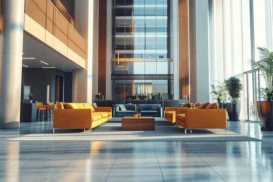 Modern hotel lobby interior with sofas, armchairs, and coffee tables. Luxurious reception area for a small business conference in the city center, captured with a wide-angle lens.