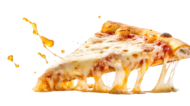 Flying pizza slices on white background with pepperoni, olives, melting cheese, and basil leaves.