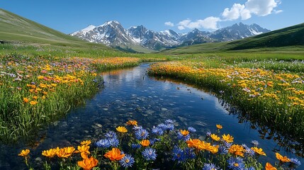 Vivid Wildflowers Bloom Along Pristine Mountain Stream Landscape Photo Under Sunny Sky