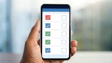 A hand holding a smartphone displaying a checklist with colored checkboxes indicating completed tasks.