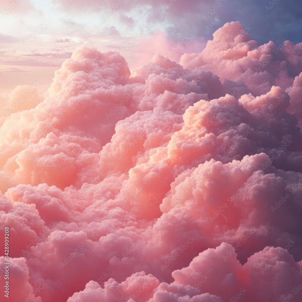 Poster immersive view of pink clouds at sunset with hyper-realistic textures and ultra-precise details in a