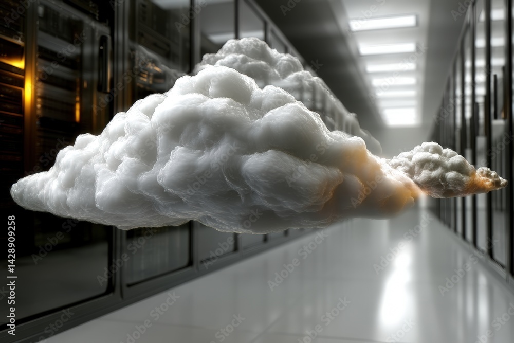 Poster a digital cloud floats in a high-tech server room, blending technology and imagination, representing