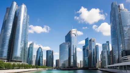 Fototapeta premium Skyscraper Glass Office Towers Under Blue Sky – Modern Urban Architecture