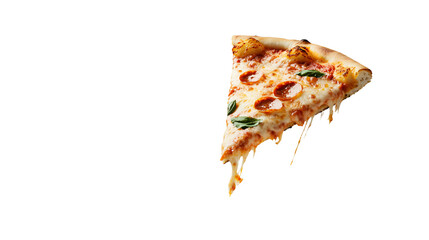 A slice of pizza on a marble plate, with basil leaves and olives flying mid-air on a soft beige background