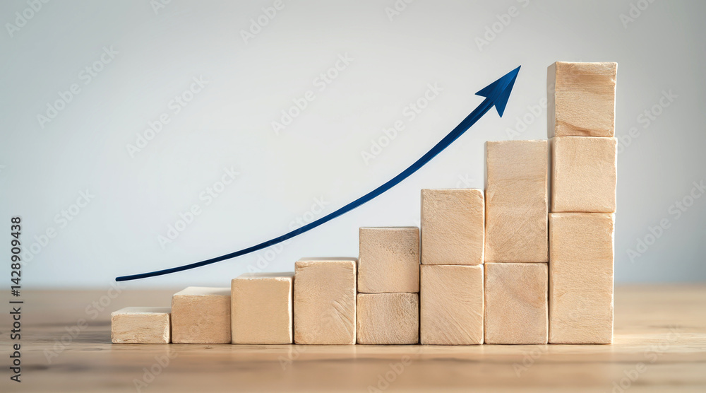 Poster a wooden block graph ascending with an arrow symbolizes growth and progress in business or data visu