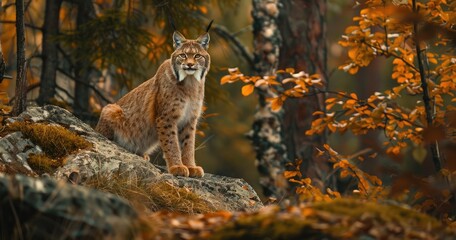 Fototapeta premium a master photography portrait of a Norwegian lynx hunting in the forest in the autumn 