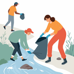 Create a bold vector illustration of diverse people collaboratively picking up trash, emphasizing teamwork and environmental cleanup.