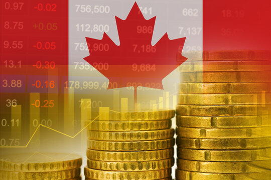 Canada flag on stock investment trading with coin and graph.