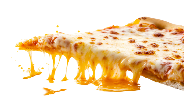 Flying pizza slices on white background with pepperoni, olives, melting cheese, and basil leaves.