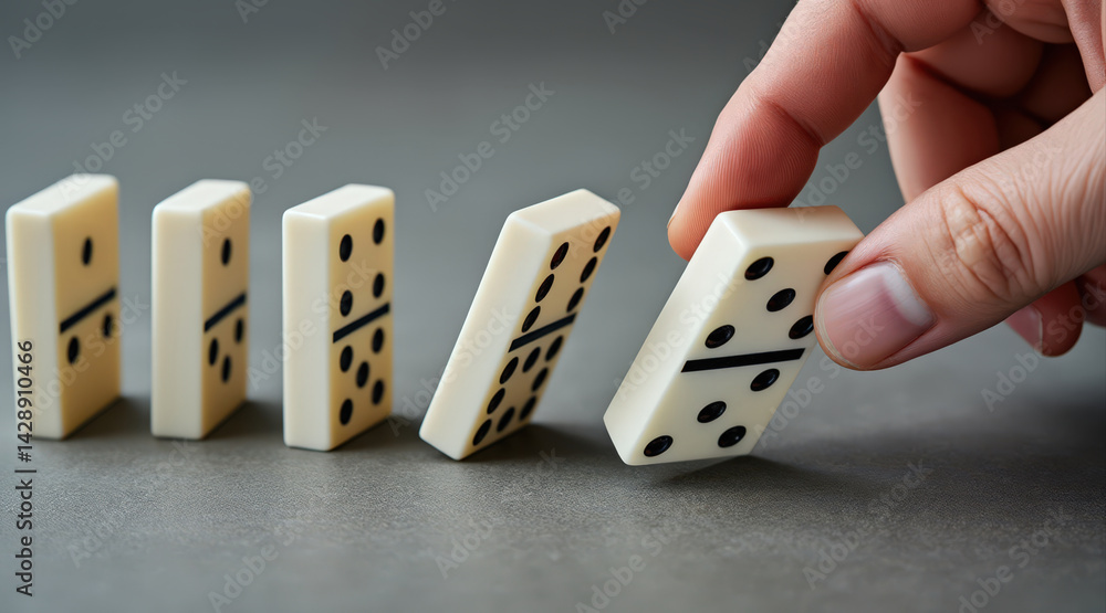 Poster a hand positions a domino in a line of standing dominoes, illustrating the classic game and the conc