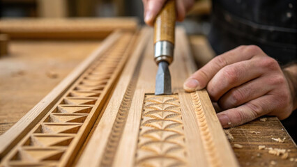 Craftsman chiseling wood with precision, creating intricate patterns on wooden surface, showcasing skill and artistry