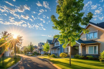 3D render of a beautiful house with garden and lawn at sunset ,A house with a front porch and lawn in the sun