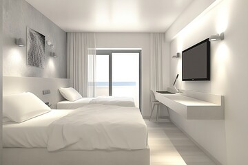 Modern hotel room with two beds, a white and grey color scheme, and a minimalist interior design in the small bedroom in Korea. There is no window, but there is a desk and a television. Front view. 