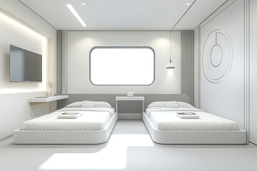 Modern hotel room with two beds, a white and grey color scheme, and a minimalist interior design in the small bedroom in Korea. There is no window, but there is a desk and a television. Front view. 