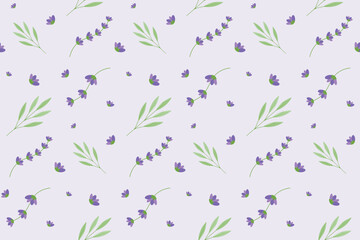 Seamless pattern with lavender on light violet  background.Floral spring backdrop.Texture with simple flat flowers and twigs.Pattern for fabric,textile,wrapping,post cards,design.Vector illustration.