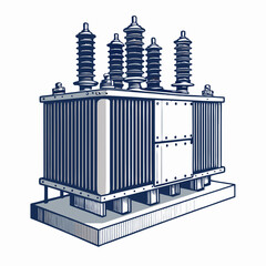 Design a bold, vector illustration of a power transformer featuring a prominent 'C' incorporated into its design.  Focus on clean lines and strong strokes.