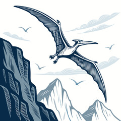 Create a vector illustration of a bold-outlined pteranodon in flight, soaring dynamically over a stylized uppercase letter 'C'.  Focus on strong lines and vibrant color. © takasan