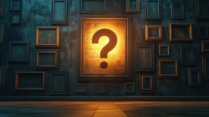 Exploration of creativity within a maze of frames, illuminated by a mysterious question mark at its center, inviting curiosity and discussion