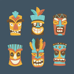 wooden tribal mask collection set in isolated background