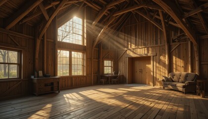 Cozy Rustic Cabin Interior with Soft Sunlight and Wooden Beams