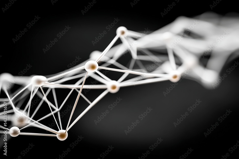 Poster a close-up view of an abstract network structure made of white lines and spheres against a dark back