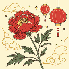 Peony Red Chinese Style Flower Festival New Year