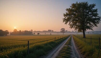 Serene Sunrise Over Misty Field with Dirt Road and Lone Tree