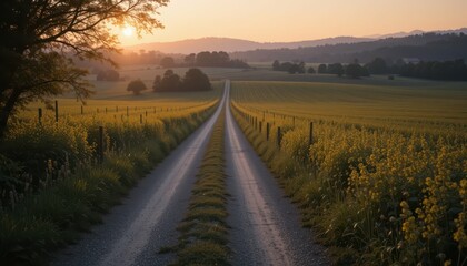 Obraz premium Serene Country Road at Sunrise with Fields and Mountains in Background