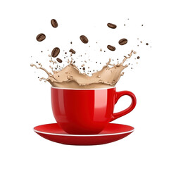 vibrant red cup with saucer is filled with splashing coffee, surrounded by flying coffee beans, creating dynamic and energetic scene