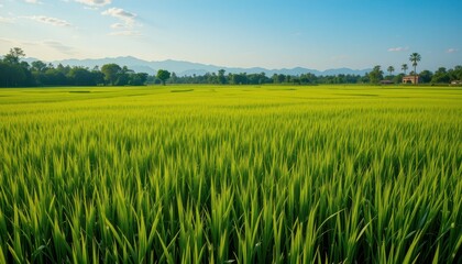 Obraz premium Lush Green Rice Field Under Clear Blue Sky with Distant Mountains