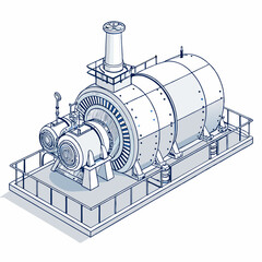 Design a bold, vector illustration of a steam turbine system, emphasizing thick outlines and strong contrasts. Include detailed components. © takasan