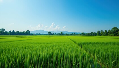 Obraz premium Lush Green Rice Field Landscape Under Clear Blue Sky in Countryside