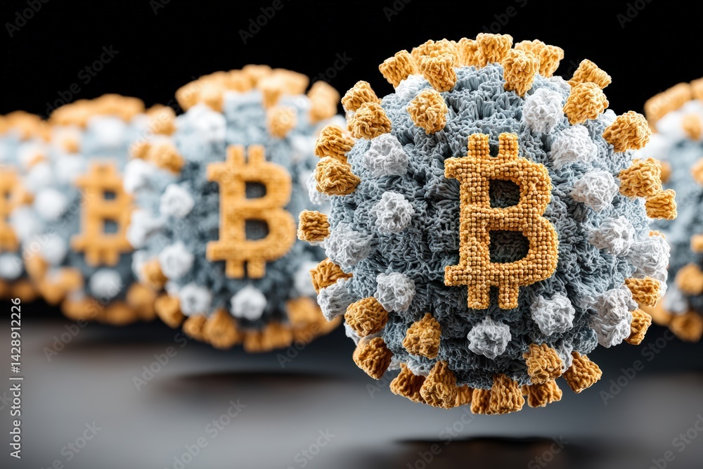 Poster a stylized representation of a virus with bitcoin symbols, merging concepts of finance and health in