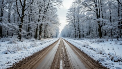 Serene Winter Road Surrounded by Frost Covered Trees in Forest
