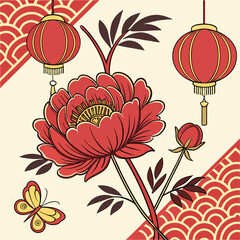 Peony Red Chinese Style Flower Festival New Year
