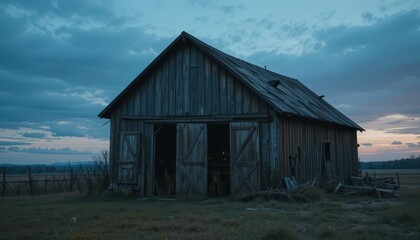 Obraz premium Rustic Wooden Barn Surrounded by Scenic Landscape at Dusk