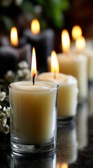 Aromatic candles in glass holders, creating a tranquil ambiance