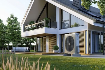 A modern stone house showcases large windows, elegant lighting, and a well maintained yard ,3d rendering of modern cozy clinker house on the ponds with garage and pool for sale or rent with beautiful 
