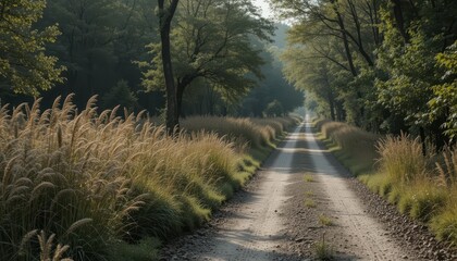 Obraz premium Serene Pathway Through Lush Green Trees and Golden Grasslands