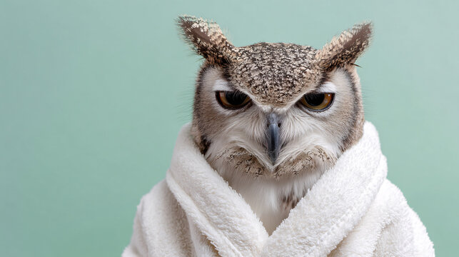 An owl wearing a white bathrobe against a light green background, exuding a humorous and whimsical vibe.